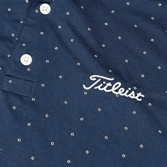 Footjoy Lisle Titleist FJ Logo Print Navy Embroidered Golf Polo Shirt Mens Large - Picture 4 of 9